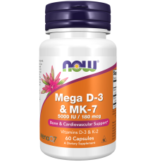 Витамин Д3 и К2 Now Foods Mega D3 MK-7, 5000 IU, 180 мкг (60 капс)