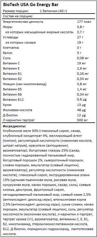 Состав Go Energy Bar от BioTech USA
